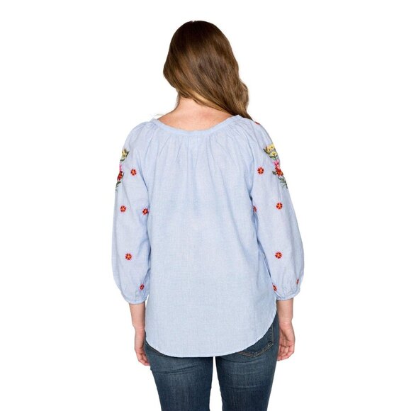 VELVET GRAHAM & SPENCER Arabelle Chambray Embroidered Peasant Blouse, Size M - Picture 2 of 16